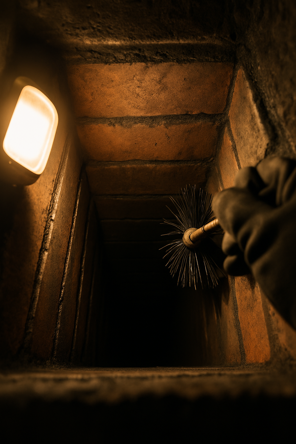 Visualises the hands-on flue cleaning process described in the surrounding copy, with the clay tile liner and brownstone
