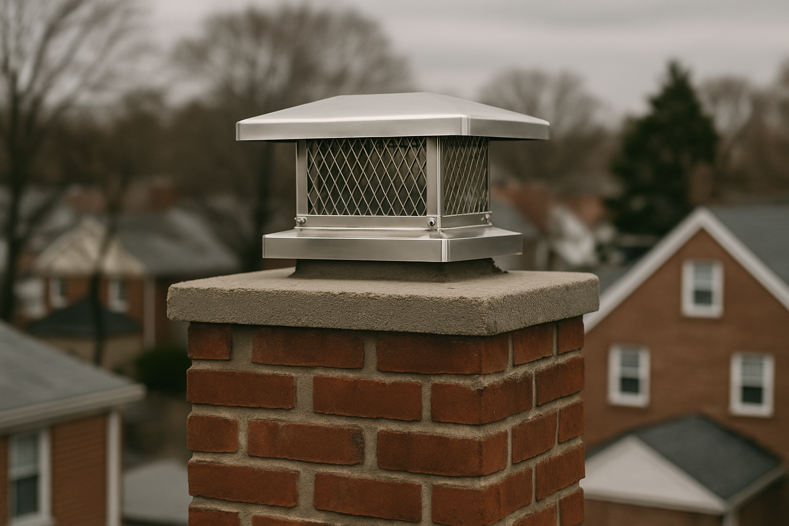 Shows the finished chimney cap on a style of brick chimney typical of Bayside's postwar colonial housing stock, directly
