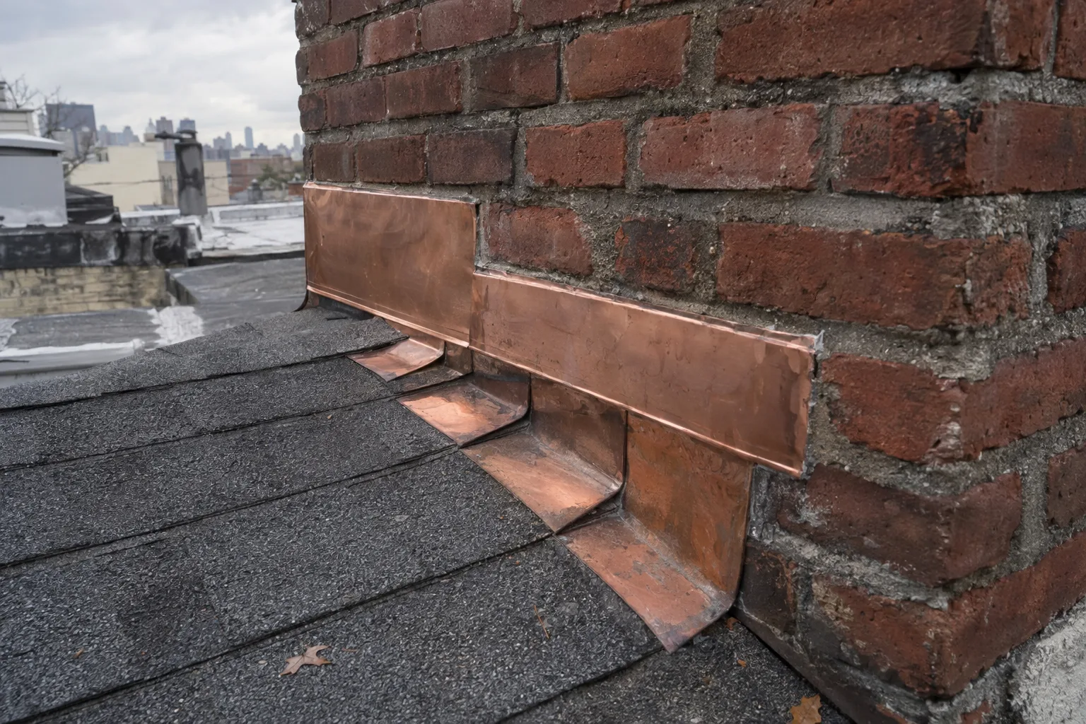 Newly installed copper counter flashing embedded in the mortar joint of a red-brick chimney on a New York rooftop, with step flashing visible beneath where the chimney meets the shingle field, photographed in soft overcast daylight