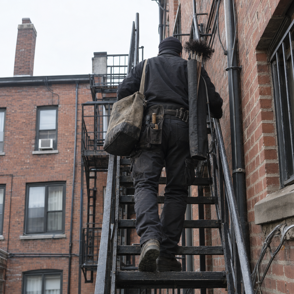 Chimney technician carrying a rotary sweeping kit up a rooftop access ladder on a Brooklyn brownstone, daylight