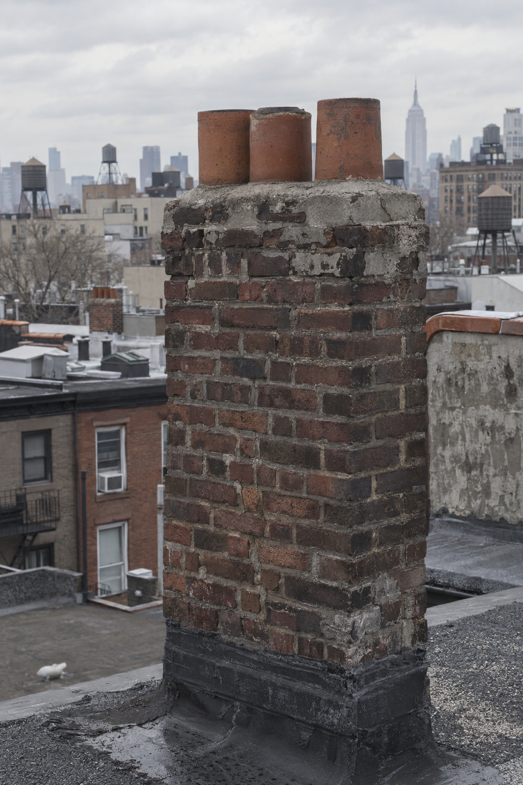 Brick multi-flue chimney stack with clay flue tiles on a pre-war New York City row house roof, daylight